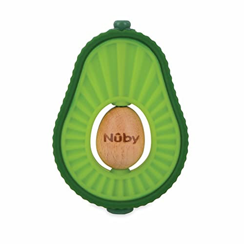 Nuby - Beißring Avocado - Beißspielzeug aus Silikon und Holz - Drehender Holzkern - Beissring Spielzeug für Baby und Kleinkinder - Zahnungshilfe - BPA-frei - 6+ Monate