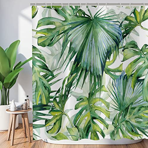 Hnmdmyi Duschvorhang Tropischer Blätter 180x200, Grüne Palmenblätter Duschvorhänge Dschungel Pflanze Botanisch Badewanne Vorhang Wasserdicht Polyester Stoff Waschbar Badevorhang mit Haken