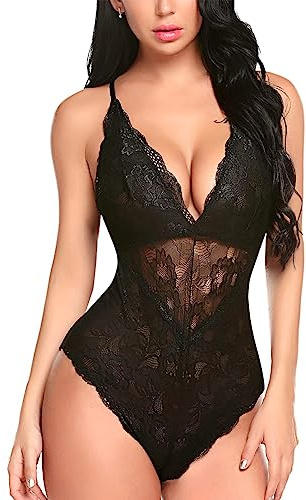 SamHeng Body Sexy con Entrepierna a Presión Para Mujer, Lencería Traviesa de Encaje de una Pieza Encaje Transparente Teddy Lingerie rofundo V Ropa Interior Ropa de Dormir, L