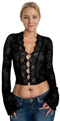 OCUH Sexy Lace Blouse Women Long Bell Sleeve Button Up Deep V Neck Tops Mesh Sheer Ladies Tops Coquette Clothes, Black, M