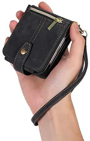 UEEBAI Étui pour Samsung Z Flip 7 FE/Z Flip 6/Z Flip 5 5G, Portefeuille Cuir PU Rabat Housse avec Dragonne Fentes Cartes Fonction Support Fermeture Magnétique Protection complète, Vintage Noir