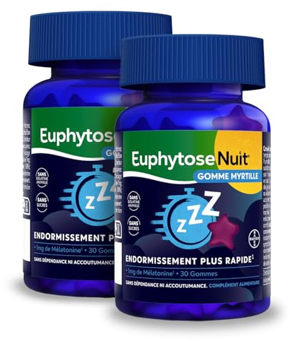 Gummies Sommeil Myrtille, 1 mg Melatonine, complément alimentaire, Vitamine B6, Endormissement plus rapide* - 2x30 Gommes - Sans Sucres - Goût Myrtille - EuphytoseNuit®
