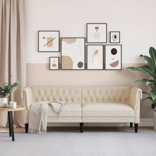 Gecheer Divano,Chesterfield,con 3 Posti,in Tessuto,Crema,201,5x74,5x74,5 cm,Divano per Soggiorno,Divano in Tessuto Moderno,Divano Moderno,Divano in Tessuto,Divano 3 Posti in Tessuto