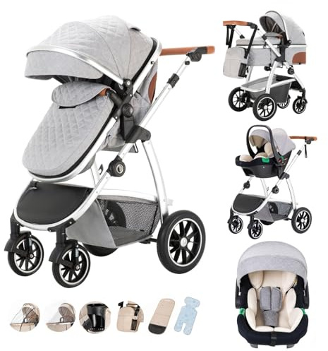 KakbgeePasseggino Combinato 3 in 1, Cittadini Con Seggiolino Auto ECE R129, Maniglia Regolabile in Altezza, Navicella Morbida Convertibile, Telaio in Alluminio Per Neonato 0-4