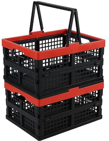 Ysmiltion 15 L Plastic Folding Crate with Handle, Collapsible Plastic Shopping Basket, 2 Packs
