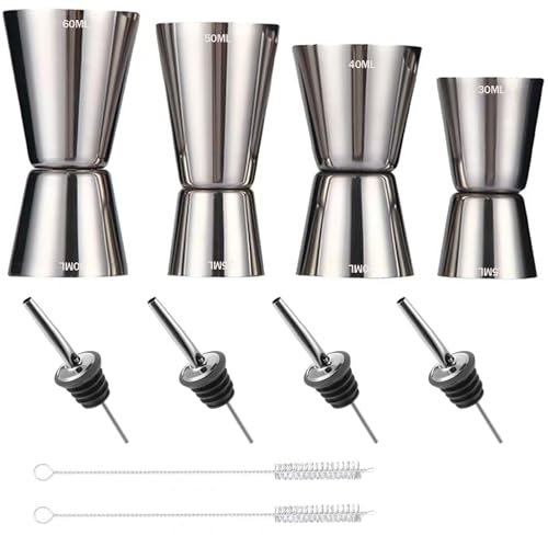 YQBFTC 4 Pezzi Graduati da Dosatore Cocktail,Misurino Cocktail in Acciaio Inox,3 cl/4 cl/5 cl/6 cl,Piccolo Jigger,Doppio Gin Tonic cl con 4 Beccucci e 2 Pennelli per Feste,Vino,Barasso,Bevande,Shaker