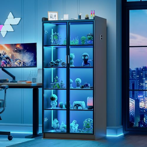 yoofun 65 Display Cabinet with Acrylic Double Doors with Lights, 5 Tier Curio Tall Storage Cabinet with Adjustable Shelves, Transparent Figures Display Case for Living Room Office Bedroom (Black)