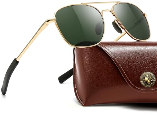 SUNGAIT Real Glass Lens Sunglasses for Men and Women: Military Style Pilot Aviator HD Shades with Upgraded Spring Hinge Bayonet Temples