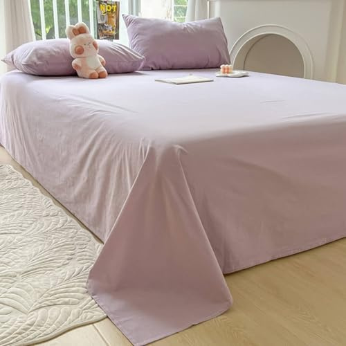 Lirzxin Sábana bajera sin goma, 160 x 230 cm, sábana individual de algodón lavado, ropa de cama de color liso y 2 fundas de almohada, verano suave y transpirable, crema lila
