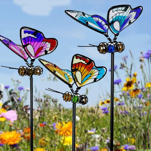 3 decorazioni da giardino a forma di farfalla, ornamenti artistici in vetro e metallo, vivaci decorazioni da giardino, paletti in metallo a forma di farfalla, blu, rosa e giallo, 50 x 9,5 cm
