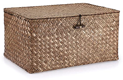 OLegei Panier de rangement en osier panier avec couvercle panier pour étagère boîte de rangement organisateur de table (café, 36 x 24 x 18cm)