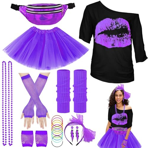 YOUYIKE Déguisement Année 80 Accessoire Femme, S/M/L/XL/XXL, T-shirt, Sac Ceinture, Tutu, Bandeau, Collier, Boucle d'oreille, Gants Résille, Costume Déguisement Disco pour Années 80 (M-Violet)