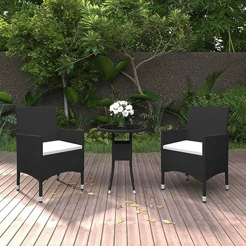 WSJHUHK Juego de bistró de jardín de 3 piezas de ratán y vidrio templado, color negro
