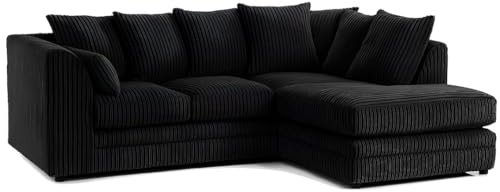 Modular L Shaped Corner Sofa | Jumbo Cord Cloud Sofa | Right or Left Hand Facing 3–4 Seater | Boneless Comfy Fabric Settee | UK Lounge Couch (Black, Right Hand)