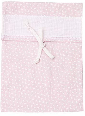 Filet - Sacchetto Porta Corredino con Fascia in Tela Aida 55 Fori da Ricamare, Realizzato in Piquet di Cotone Colorato Stampa Trifogli Bianchi, Made in Italy, Colore Rosa