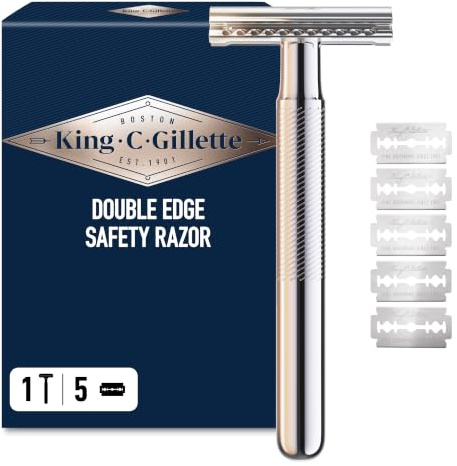 Gillette King C Rasoir De Sûreté pour Hommes A Lame Unique pour Rasage De Près Plus Précis, Coffret Barbe Homme avec 5 Cartouches De Recharge pour Remplacement Facile, Manche en Métal
