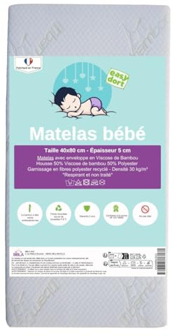 Easy Dort - Matelas couffin bébé 40 x 80 cm - Berceau, nacelle ou lit bébé - Housse en Bambou | Été & Hiver | Double Face | Très Confortable | Fabrication Française 40x80 cm | Blanc