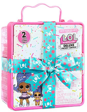 L.O.L. Surprise! Deluxe Present Surprise - Modepuppe & Schwester in limitierter Auflage in Party- Verpackung - Inklusive Überraschungen, Outfits, Schuhe, Konfetti, Farbwechsel, Wasserzauber - Lila