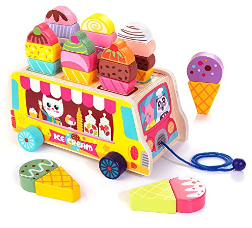 HELLOWOOD EIS Spielzeug Holz Eiswagen mit beweglichen Rädern 27 Stücke magnetischer Eiscreme Kaufmannsladen Rollenspielzeug Kaufladen- und Kinderküchenzubehör Geschenk für Kinder Mädchen Jungen ab 3