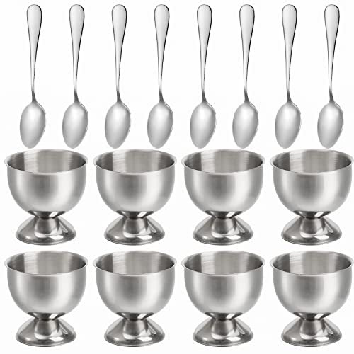 Elsjoy 8 Pack Egg Cup Holders with 8 Spoons, Stainless Steel Egg Cups Set for Soft & Hard Boiled Eggs, Kitchen Tools, Breakfast