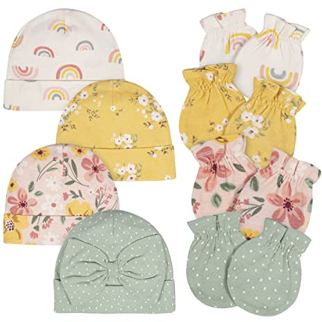 Gerber Baby Girls Cap and Mitten Sets Golden Floral Newborn