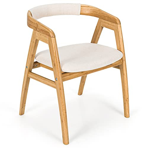 COSTWAY Bamboo Accent Chair, Modern Painted Bamboo Leisure Chair w/Comfy Fiber Cushion, Curved Backrest, Solid Legs, Upholstered Armchair for Living Room, Bedroom, Natural