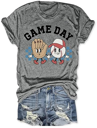 Baseball Shirts Women Baseball Mom Tshirt Baseball Game Day Graphic Tee Funny Short Sleeve Tops(Y-Grey, XL)