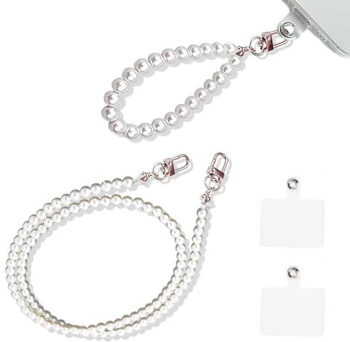 LURNODY 2 Pezzi Cinturino da Polso per Telefono, Collana per Cellulare, Ciondolo per Cellulare, Piccoli Pendenti per Decorare Cellulari, Borse e Chiavi (Perle Bianche, Compresi Distanziatori)