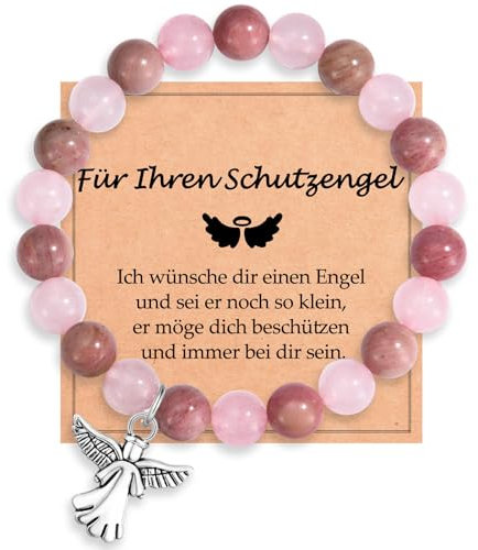 WOVEE Schutzengel Armband Engel Anhänger Perlenarmband Naturstein Rose Rhodonite Pink Kristalle Taufe Gesundheit Kommunion Geschenke Glücksbringer Mädchen Kinder