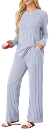 PrinStory Conjunto de pijama para mujer, conjunto de pijama a rayas para mujer, conjuntos de ropa casual de descanso, tops de manga larga y pantalones de pijama con bolsillos