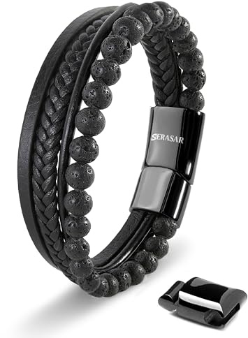SERASAR Pulsera de Cuero Hombre, Negra Joyería Envolvente, Piedras Preciosas Hombre