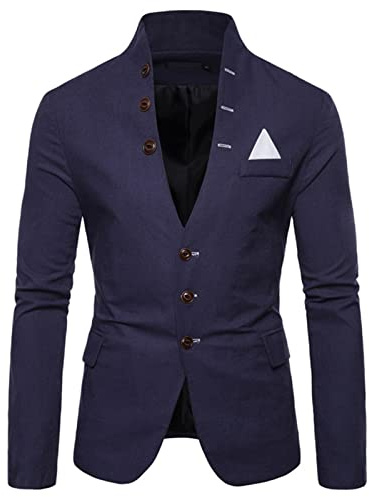 Generic Blazer Uomo Casual Slim Fit Giacche in Cotone Monopetto a Due Bottoni Blazer Elegante Regular Fit Giacca Collo Coreana Giacca Business da Lavoro Cappotto Blazer Sportivo Blu M