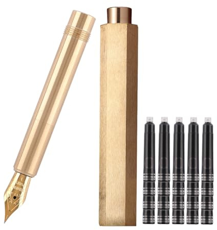 SIPLIV Brass Fountain Pen (85mm) Short Paragraph Pocket Mini Travel Pen Iridium Fine Nib Fountain Pen with 20 Pcs Black Ink Cartridges, Hexagon