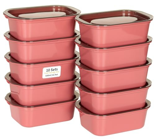 VINATO Contenitori Ermetici per Alimenti 500ml (10 Pezzi) - Set per Congelatore, Microonde, Lavastoviglie, Impilabili - Rosso