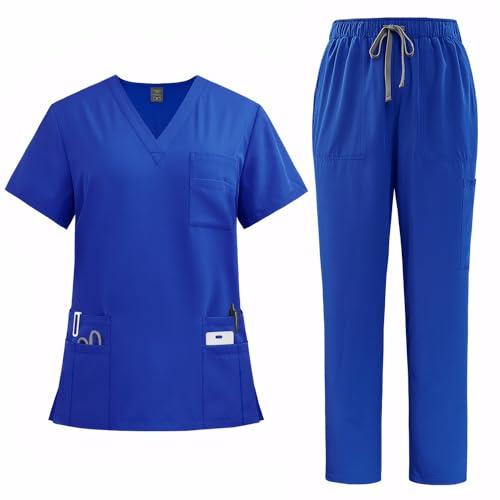 Meichoon Nursing Scrubs Set Medical Overalls Suit with Moisture-Wicking Quick-Dry Fabric Top with 8 Functional Pockets DK77Blue S