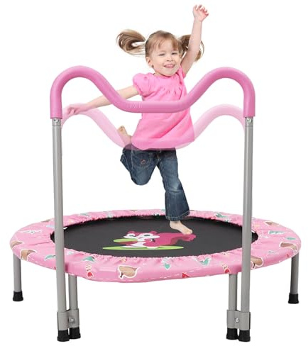 Trampoline Enfant,36 Pouces Mini Trampoline Pliable avec Poignée Réglable et Amovibles et Rembourrage de Sécurité, Intérieur et Extérieur pour garçons et Filles de 3 à 6 Ans, Rose