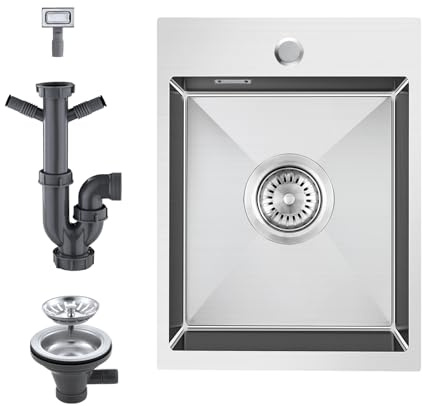KEOKBON 30x40cm Kitchen Sink, Topmount Sink with 1 Tap Hole, Compact Single Bowl Sink for 40cm Base Cabinet, Includes Siphon & Overflow, 304 Stainless Steel, Overmount Brushed Finish