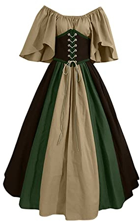 Vestido Corsé Mujer Medievales Disfraz Retro Cuello Cuadrado Vestido de Fiesto Elegante Traje Medieval Gotico Tallas Grandes Vestidos Manga de Campana Disfraces Cosplay para Halloween (01-Khaki, S)