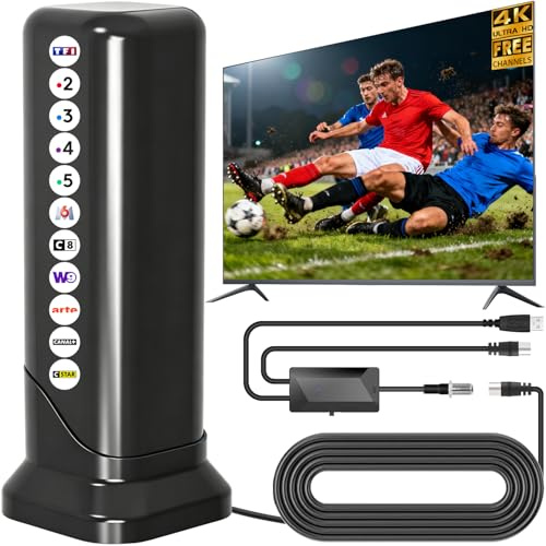 Antenne TV Intérieure Puissante, 650+KM Antenne TV Intérieur avec Amplificateur à Haut Gain, Réception 360°, Fixation Magnétique, Compatible with TV Intelligentes et Anciennes 4K/1080P
