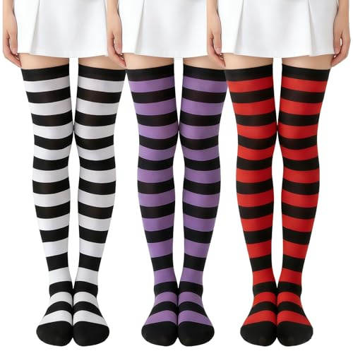 AYNKH 3 Paires de Chaussettes Hautes pour Femmes, Chaussettes Longues Hautes Rayées pour Femmes, Chaussette Noires Décontractées pour Filles à Porter Au Quotidien ou pour le Cosplay
