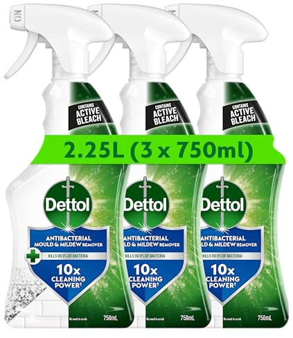 Dettol Mould and Mildew Remover, Multipack of 3 X 750ml, Total 2.25L, Mould Spray, Bleach Spray, Bathroom Cleaner, Antibacterial, Disinfectant, Household Cleaners