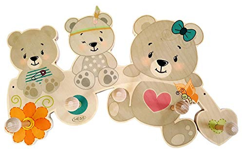 Hess Holzspielzeug 30347 - Garderobe aus Holz, Serie Bär Nature, mit 5 Haken, für Kinder, ca. 35 x 21 x 6,5 cm groß, handgefertigt, für Kinderzimmer und Flur