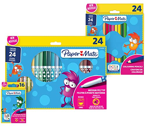 Paper Mate färgpennor och kritor | Perfekt för barn att färglägga | En blandning av levande färger | 64 stycken