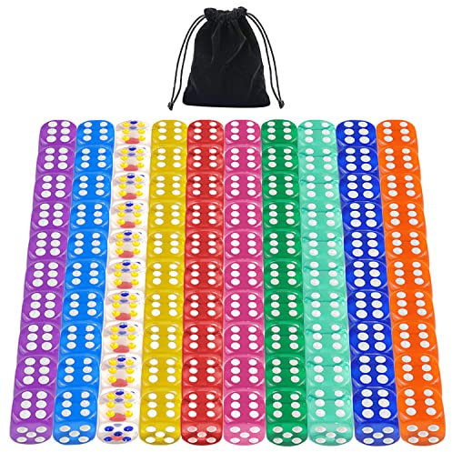 6-seitiger Würfelsatz 100 Stück 16mm undurchsichtige Acrylwürfel für Brettspiele, Würfelspiele, Trinkspiele, mit kostenlosem Samtbeutel, 10 Farben (100 Stück 16mm Transparente)