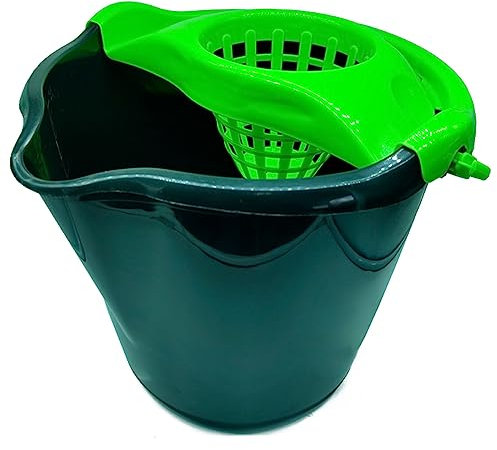 Tradineur - Cubo para Fregar Redondo Negro con escurridor, Polipropileno, Incluye asa y línea de Medida, Ligero, Limpieza, hogar, Fabricado en España, 13,5 litros, Color escurridor Aleatorio