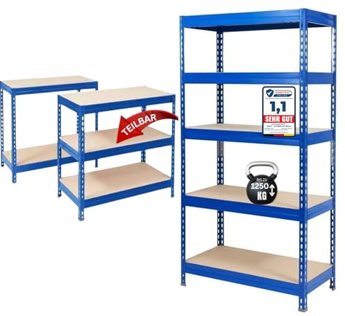 Floordirekt Estantería para cargas pesadas – Estantería para sótanos – Estantería de almacenamiento, banco de trabajo, carga hasta 1250 kg, montaje rápido (azul, 180 x 90 x 45 cm)