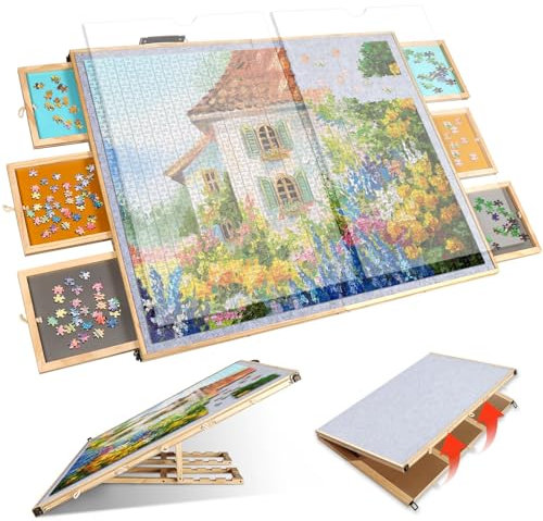 Kalolary Tablero de Rompecabezas, 2 en 1 Tablero de Rompecabezas de Madera Plegable con 6 Cajones Deslizantes y 2 Tapa, Caballete Ajustable Mesa de Rompecabezas de Fieltro para hasta 2000 Piezas