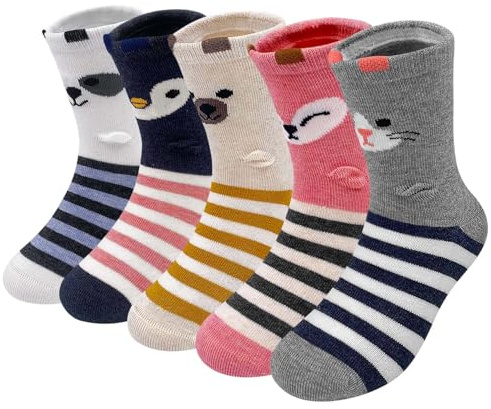 PUTUO Chaussettes Fille Enfant en Coton: Socquettes Filles Chaussette Chat Courte Fantaisie Animaux pour Enfant Taille 27-30 Rayé 5 paires