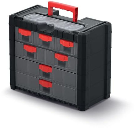 Organizer Cassetta Valigetta per Attrezzi | Portatile con Manico | Impilabile | Appendibile | 7 Cassetti con Sistema di Bloccaggio | 40x20x32,6 cm | in Plastica Resistente