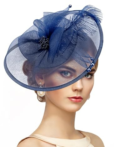ETOFETE Women Fascinator Hat Flower Feather Wedding Fascinators Headband Bridal Headwear Top Hat with Hair Clips for Race Derby Ascot Navy Blue